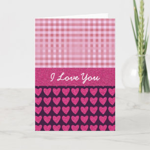 Customise I Love You pink hearts and gingham Holiday Card