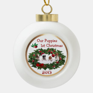 Customise it -  Puppies 1st  Christmas  Collage #2 Ceramic Ball Christmas Ornament