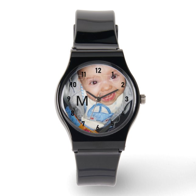 Customise it Your photo monogram black numbers Watch (Front)