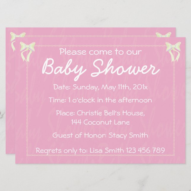 Customise Light pink Baby Girl shower invitation (Front/Back)