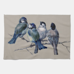 Customise lovely vintage art blue birds on branch tea towel