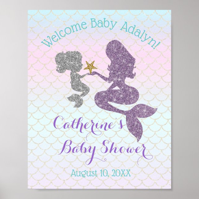 Customise Mermaid Baby Shower Purple Teal Welcome Poster (Front)