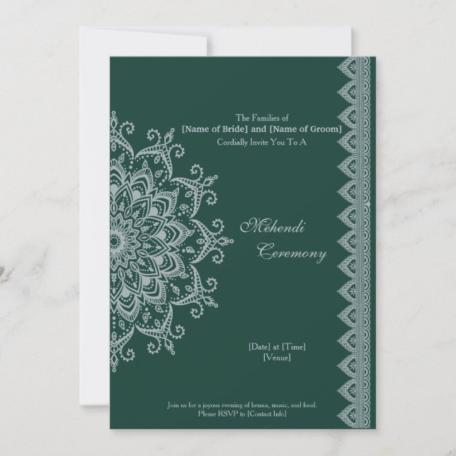 Customise Metallic Silver Emerald Mehendi Indian Invitation (Front)