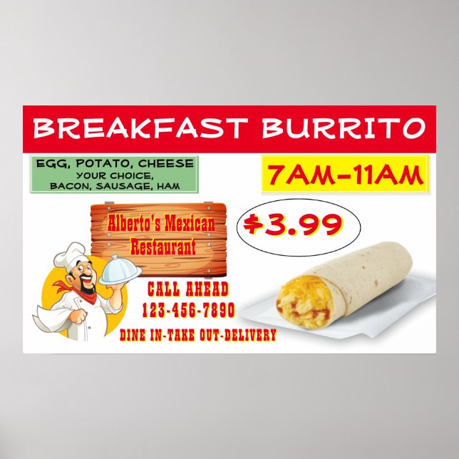 Customise Mexican Restaurant Breakfast Burrito Poster (Front)