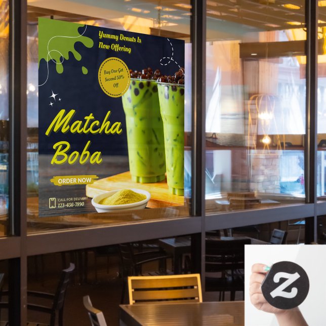 Customise Minimalist Matcha Boba Tea Doughnut Shop (Restaurant Window)