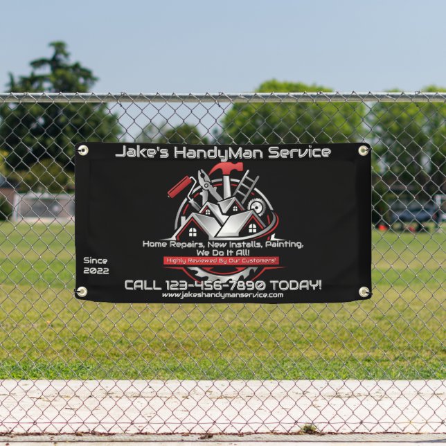 Customise Modern Red Black Handyman Service Fence Banner (Insitu)