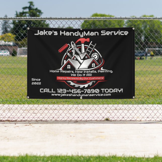 Customise Modern Red Black Handyman Service Fence Banner (Insitu)