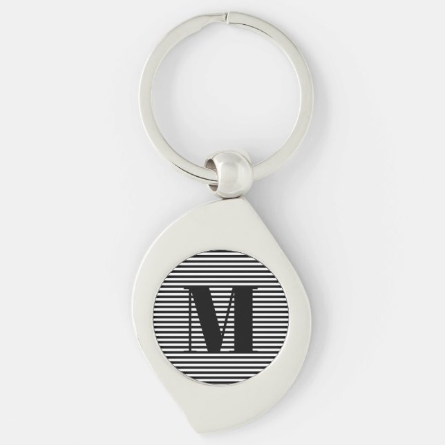 Customise monogram initial black white stripes key ring (Front)