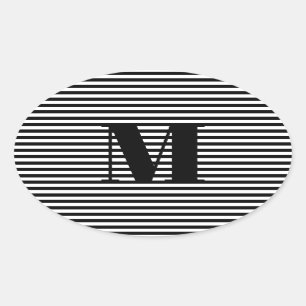 Customise monogram initial black white stripes oval sticker