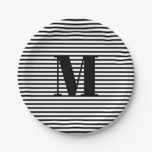 Customise monogram initial black white stripes paper plate
