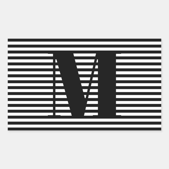 Customise monogram initial black white stripes rectangular sticker (Front)