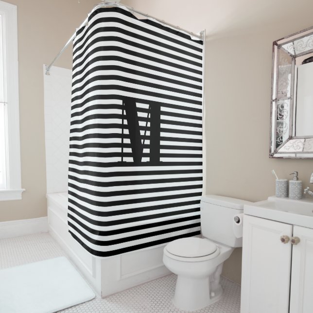 Customise monogram initial black white stripes shower curtain (In Situ)