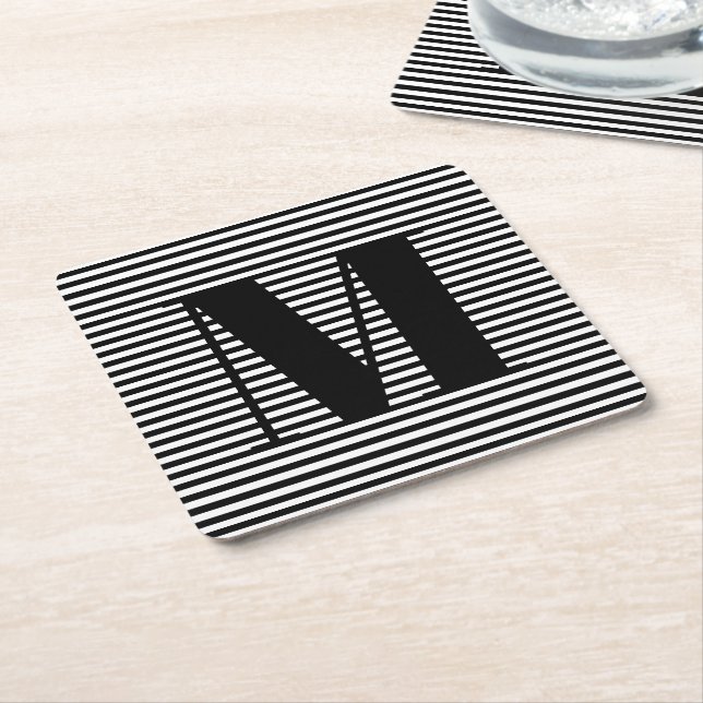 Customise monogram initial black white stripes square paper coaster (Angled)
