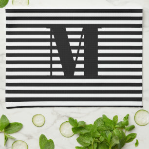 Customise monogram initial black white stripes tea towel