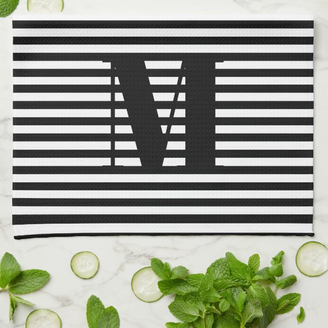 Customise monogram initial black white stripes tea towel (Folded)