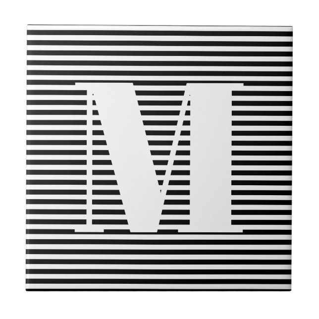 Customise monogram initial black white stripes tile (Front)