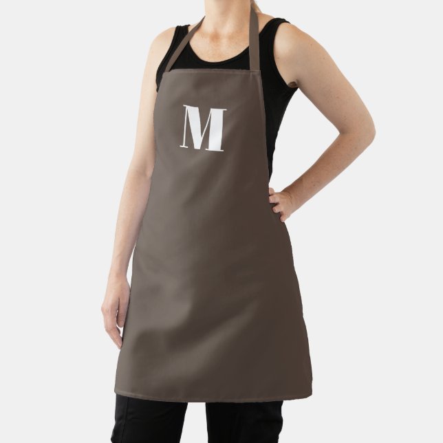 Customise monogram initial brown white apron (Insitu)