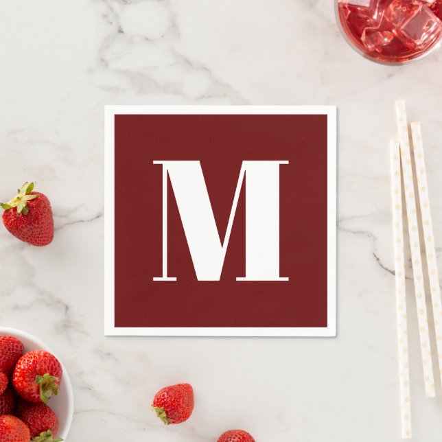 Customise monogram initial burgundy white napkin (Insitu)