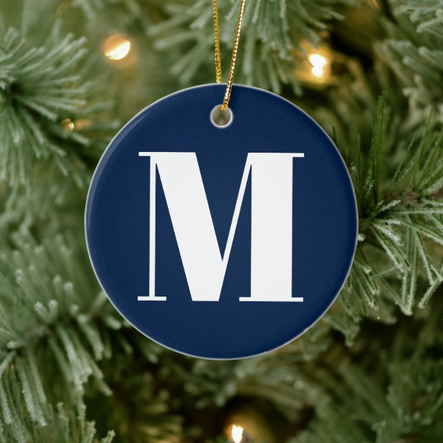 Customise monogram initial navy blue white ceramic tree decoration (Tree)