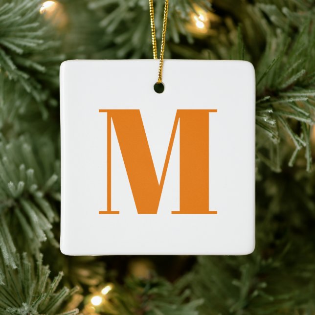 Customise monogram initial orange white Christmas Ceramic Ornament (Tree)