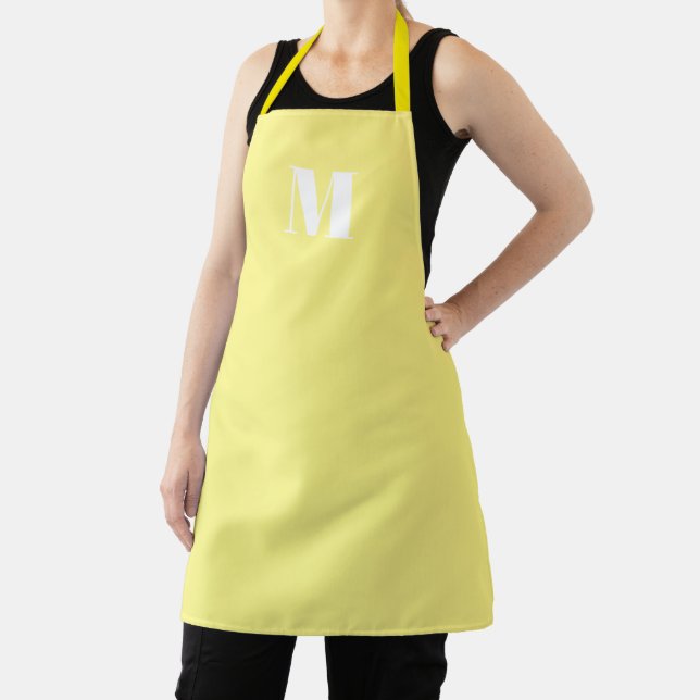 Customise monogram initial pale yellow white apron (Insitu)