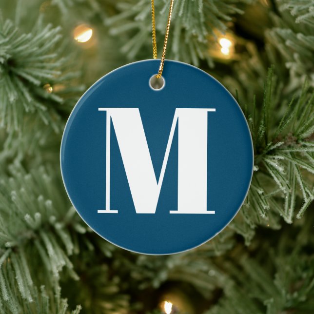 Customise monogram initial teal blue white ceramic tree decoration (Tree)