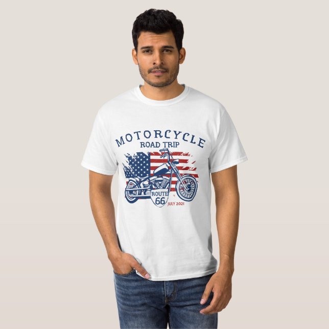 Customise Motorcycle Road Trip Route 66 USA Flag   T-Shirt (Front Full)