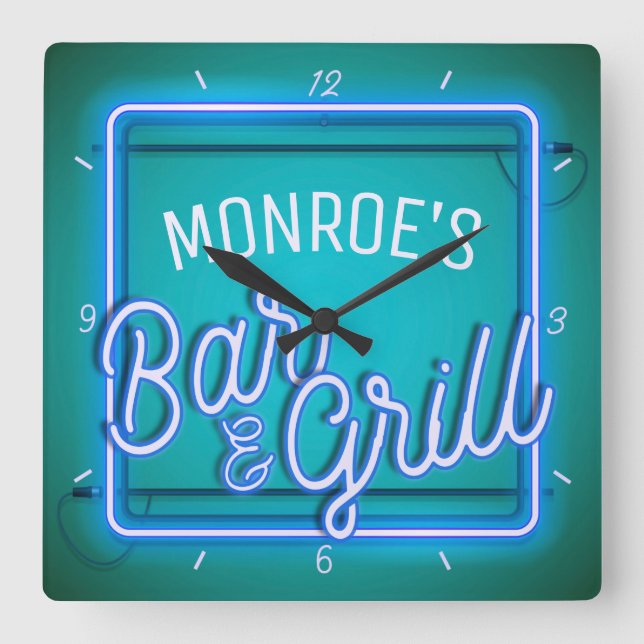 Customise NAME Blue Faux Neon Sign Retro Bar Grill Square Wall Clock (Front)