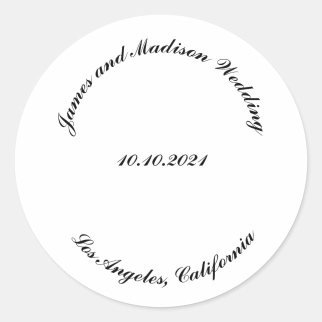Customise Name, date black curved letters wedding Classic Round Sticker (Front)