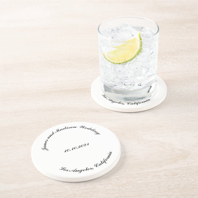 Customise Name, date black curved letters wedding Coaster (Side)