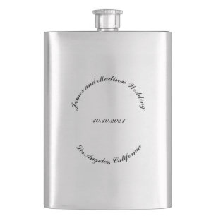 Customise Name, date black curved letters wedding Hip Flask