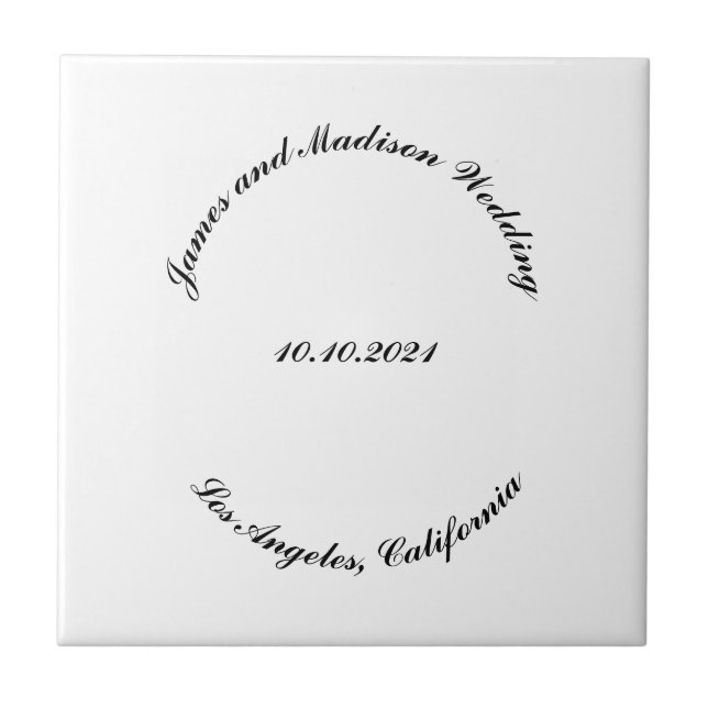 Customise Name, date black curved letters wedding Tile (Front)