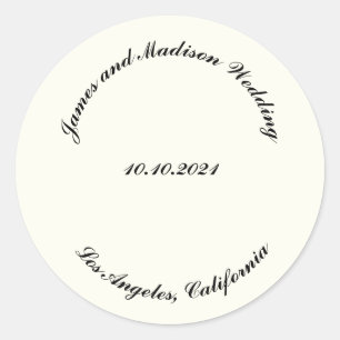 Customise Name, date black ivory wedding Classic Round Sticker