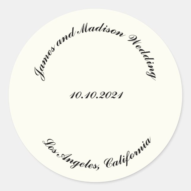 Customise Name, date black ivory wedding Classic Round Sticker (Front)