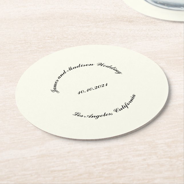 Customise Name, date black ivory wedding Round Paper Coaster (Angled)