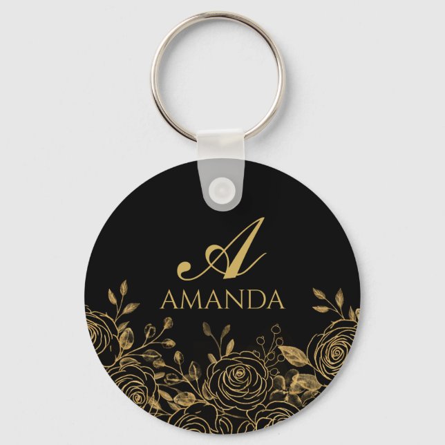 Customise Name Gold Luxury Flower Key Ring (Front)