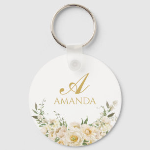Customise Name Gold & White Flower Key Ring