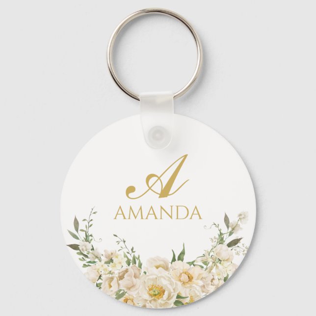 Customise Name Gold & White Flower Key Ring (Front)