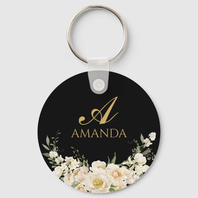 Customise Name Gold & White Flower Keychain (Front)