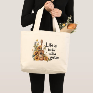 Customise Name Guitar With Sunflower Large Tote Bag