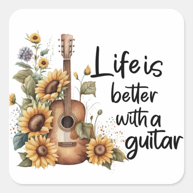 Customise Name Guitar With Sunflower Square Sticker (Front)