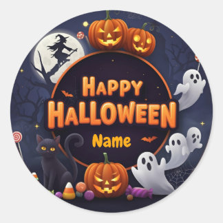 Customise Name Happy Halloween  Classic Round Sticker