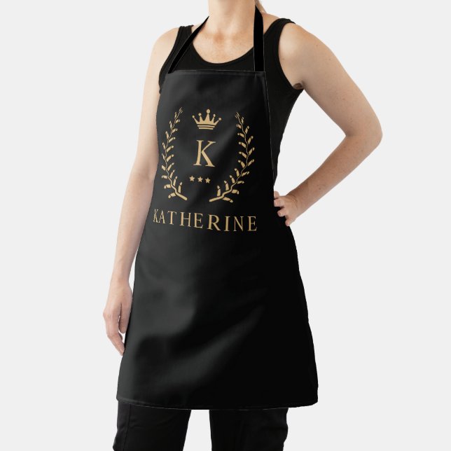 Customise Name & Initial Black White Gold Monogram Apron (Insitu)