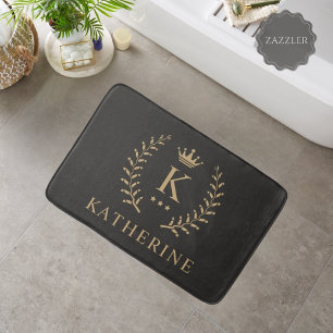 Customise Name & Initial Black White Gold Monogram Bath Mat