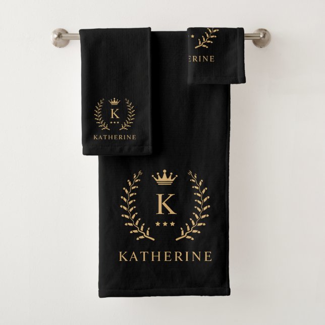Customise Name & Initial Black White Gold Monogram Bath Towel Set (Insitu)