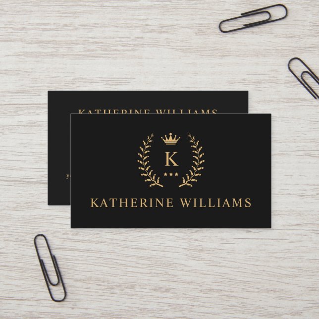 Customise Name & Initial Black White Gold Monogram Business Card (Front/Back In Situ)