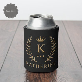 Customise Name & Initial Black White Gold Monogram Can Cooler