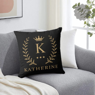 Customise Name & Initial Black White Gold Monogram Cushion