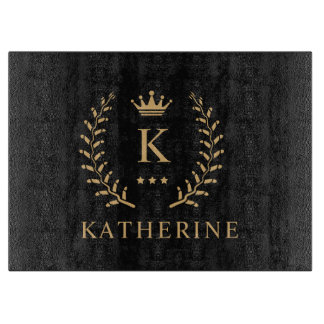 Customise Name & Initial Black White Gold Monogram Cutting Board