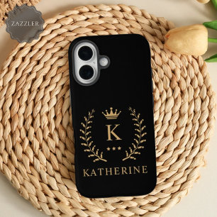 Customise Name & Initial Black White Gold Monogram iPhone 14 Pro Max Case